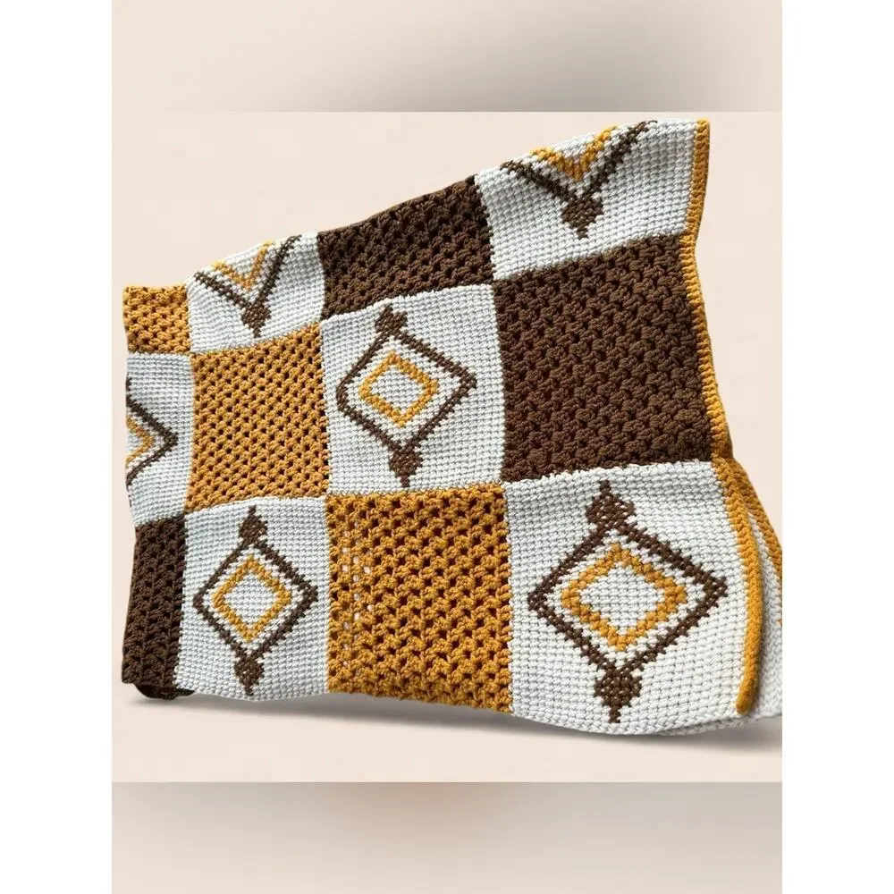 Vintage Handmade Crocheted Throw Afghan Blanket in Mustard, Brown & Cream